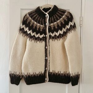 Vintage Hand Knit Icelandic Wool Sweater brown white Fair Isle Cardigan Alafoss